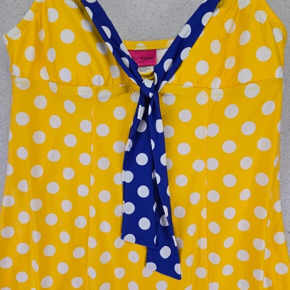 Betsey Johnson Retro Swim Dress Womens M Polka Dot Yellow Blue Cover Up Pin Up - Picture 2 of 10